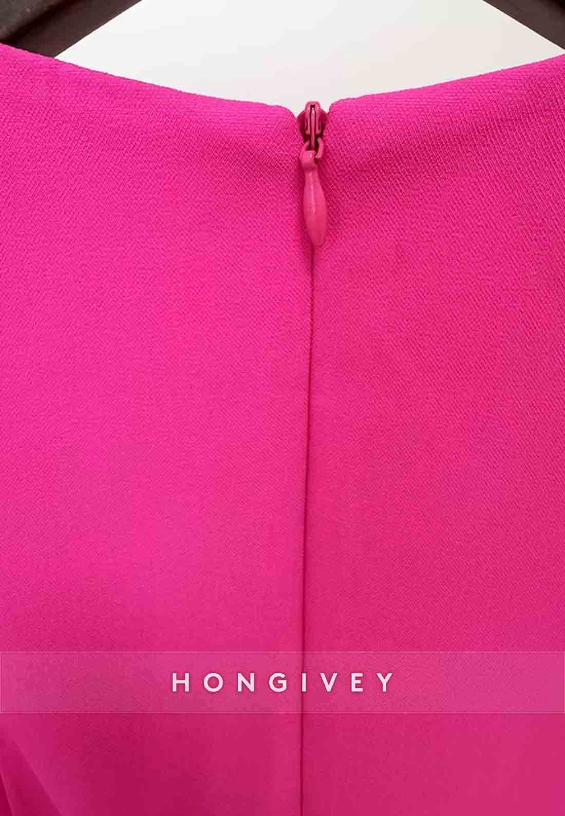 Floral Column Short Sleeves Cocktail Dresses Fuchsia Wedding Guest Dress