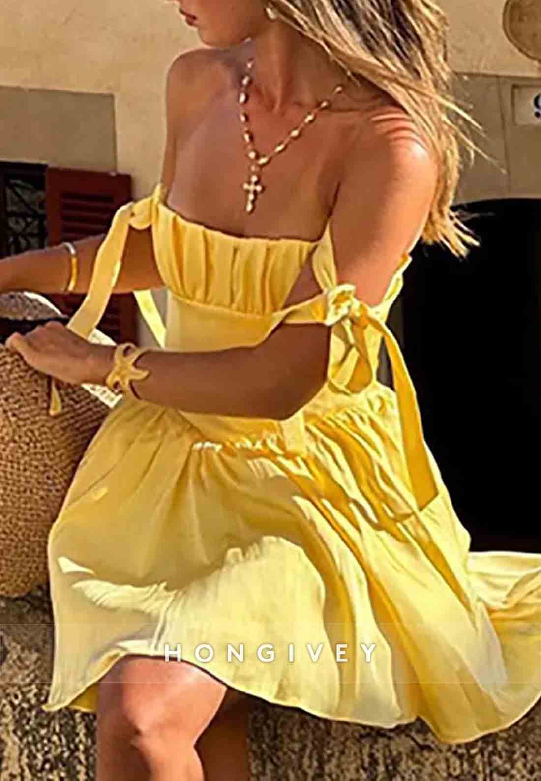 Bowknot A-Line Sleeveless Square Neck Pleated Short Homecoming Dresses