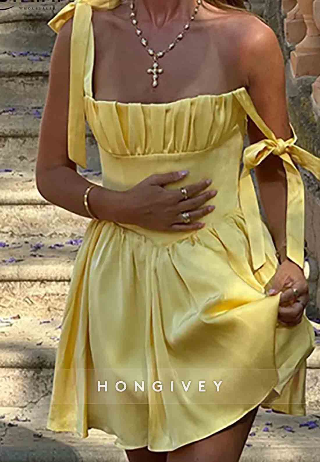 Bowknot A-Line Sleeveless Square Neck Pleated Short Homecoming Dresses