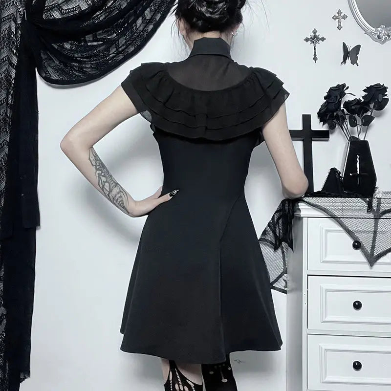 Gothic Ruffled Mesh Splicing A-Line Black Dress