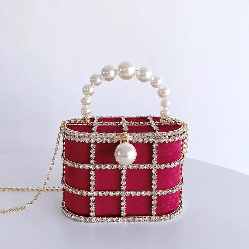 Diamonds Basket Clutch Luxury Pearl Beaded Wedding Party Evening Bag