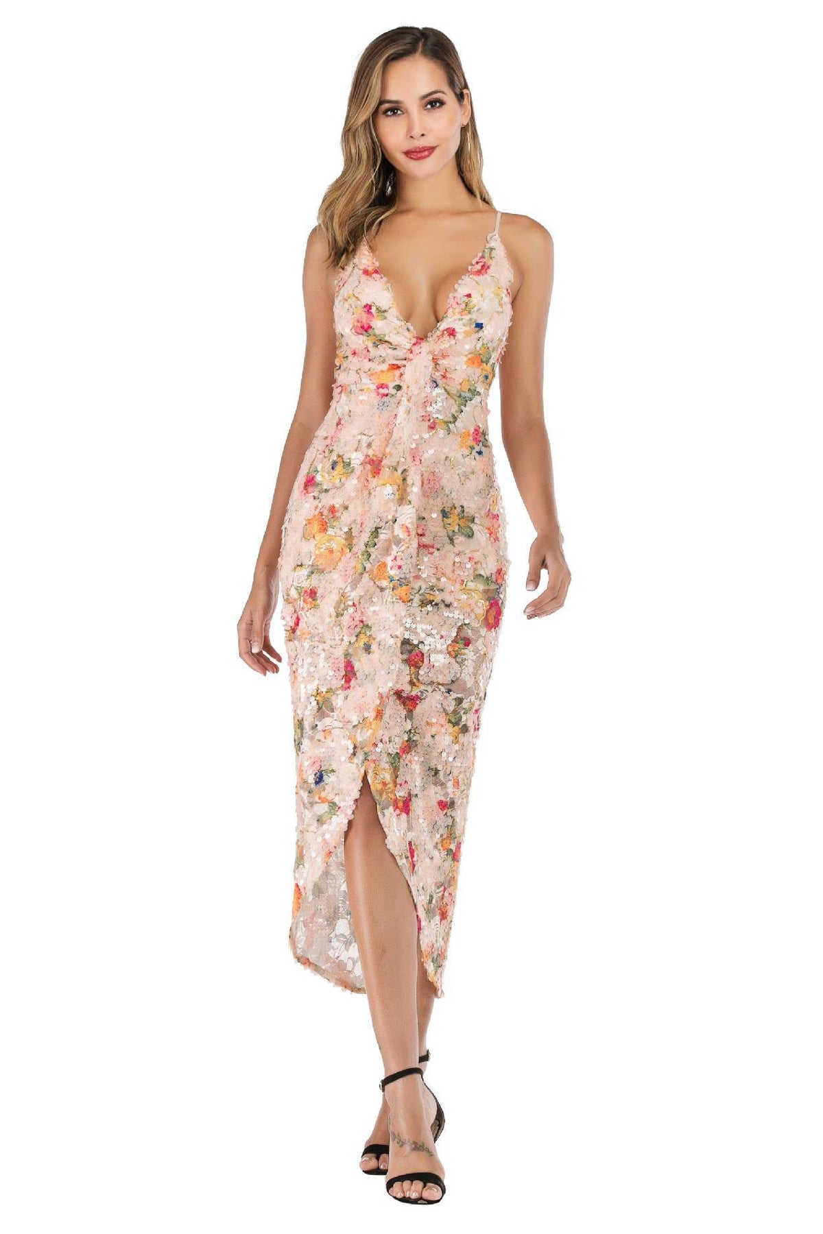 Digital Printed Asymmetrical Hem Sequined Dress - Mislish