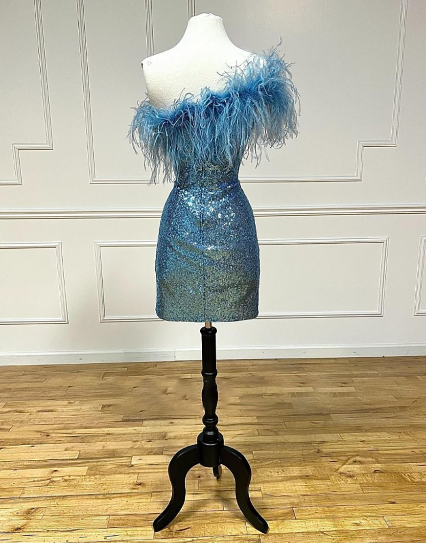Farrah Sheath Sparkling Sequin Homecoming Dress with Feather Details - Fashionpara