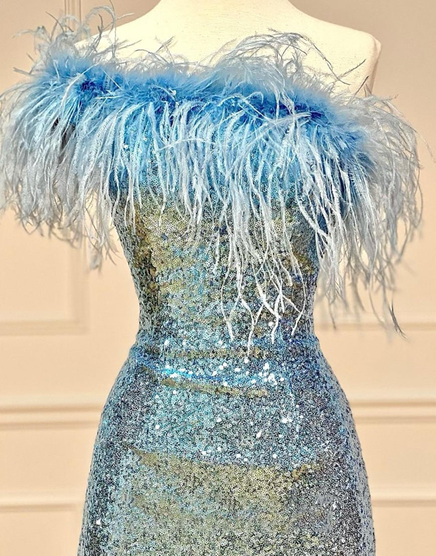 Farrah Sheath Sparkling Sequin Homecoming Dress with Feather Details - Fashionpara