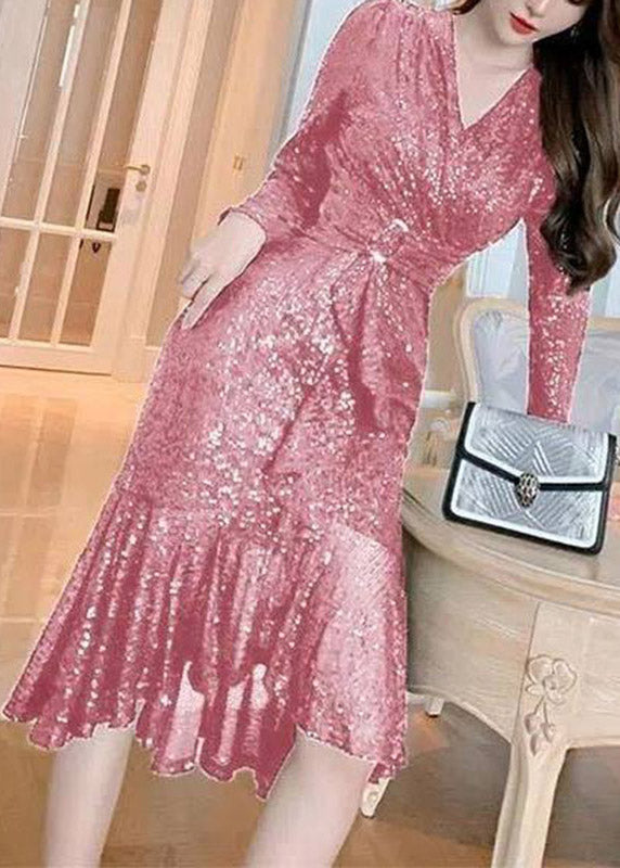Sequin Deep V-Neck Long Sleeve Belted Mermaid Ruffle Hem Midi Dress - View 2