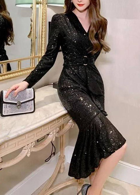 Sequin Deep V-Neck Long Sleeve Belted Mermaid Ruffle Hem Midi Dress - View 3