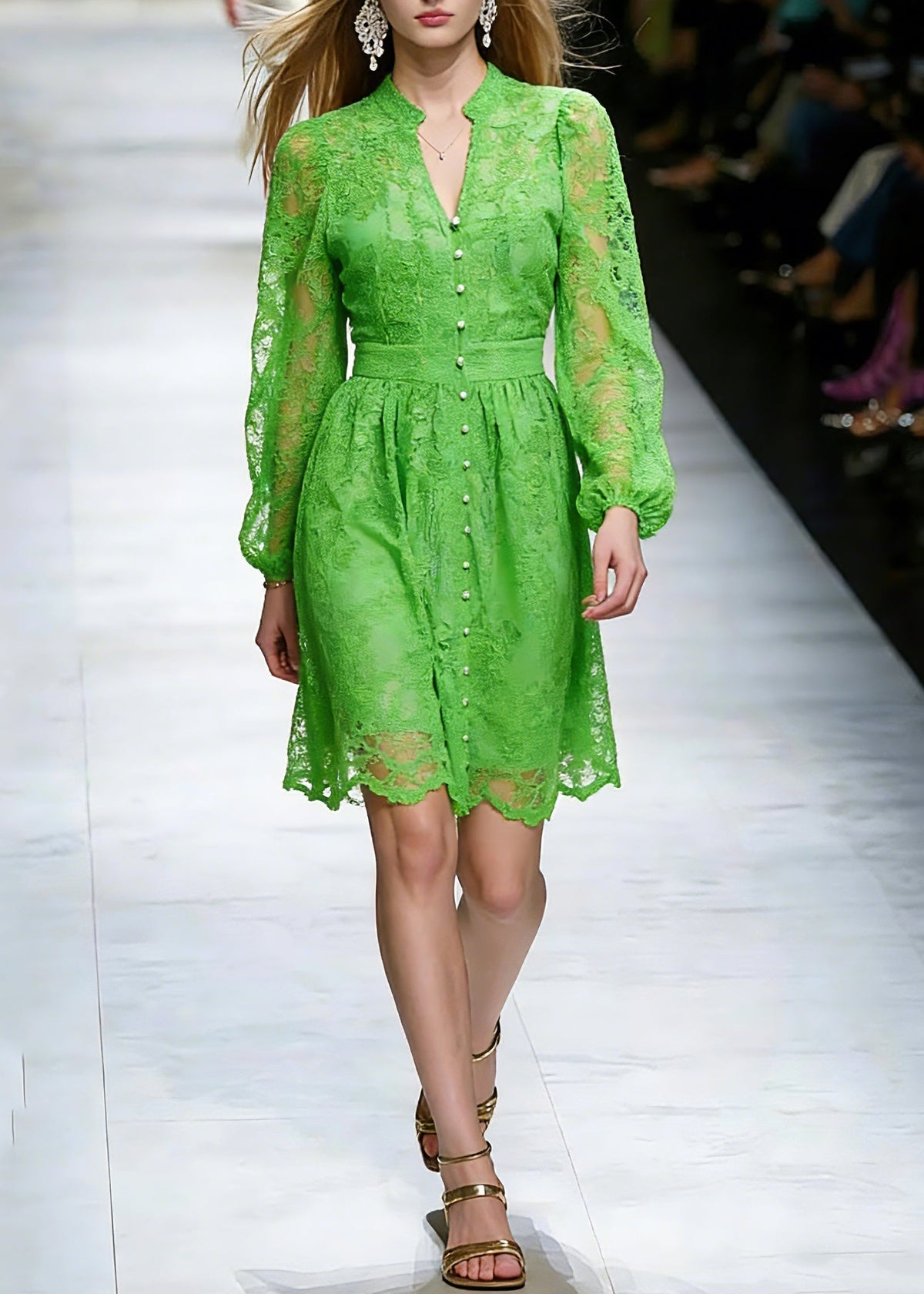 Lace V-Neck Mandarin Collar Bishop Sleeve Button Front Midi Dress