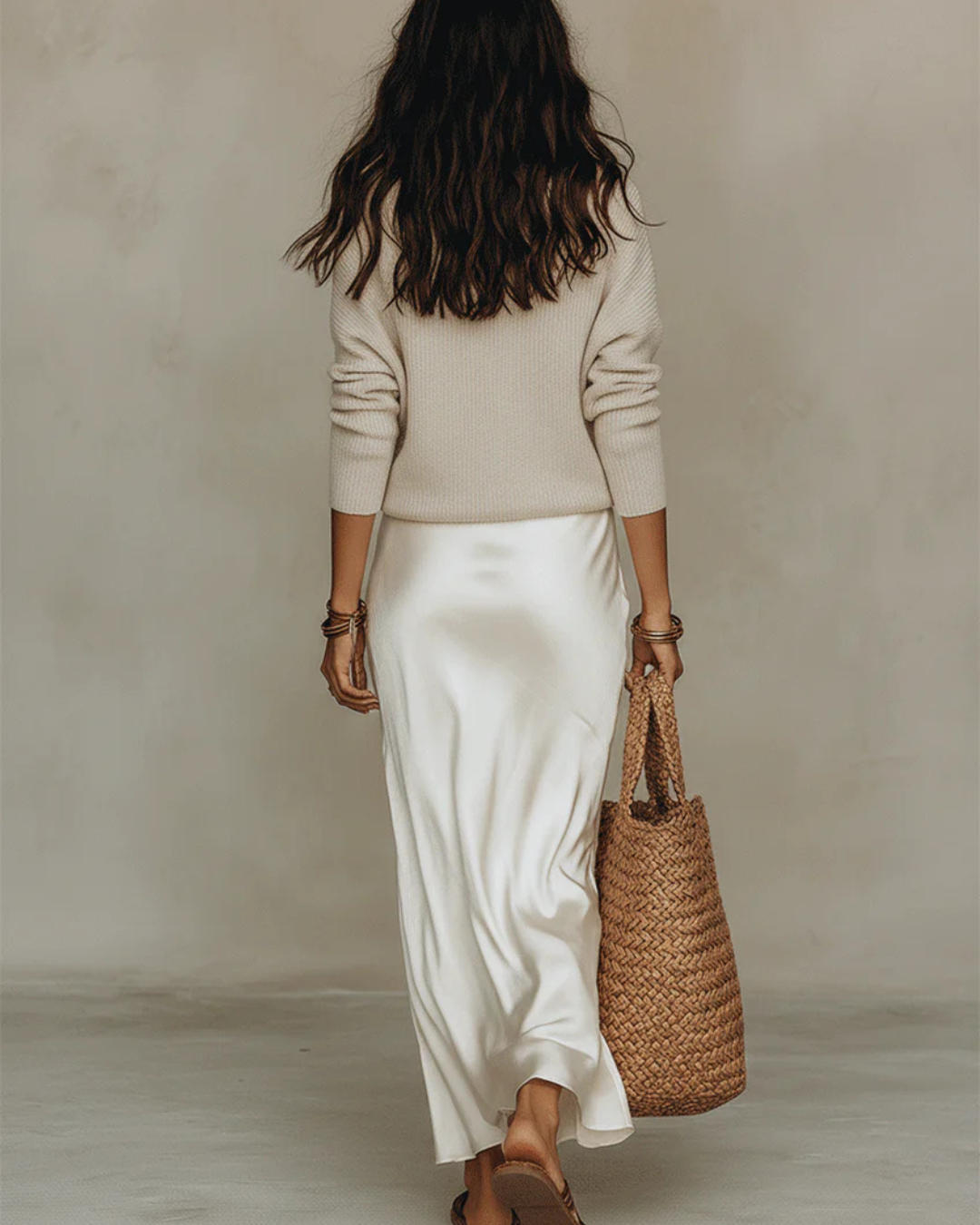 V-Neck Knit Sweater and Satin Slip Skirt Two Piece Set 3