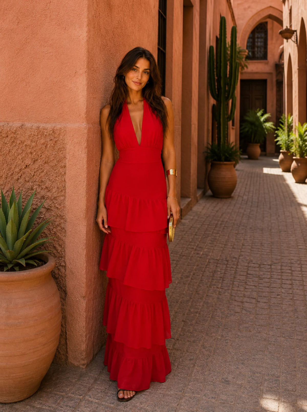 Halter Deep V-Neck Tiered Ruffle Maxi Dress