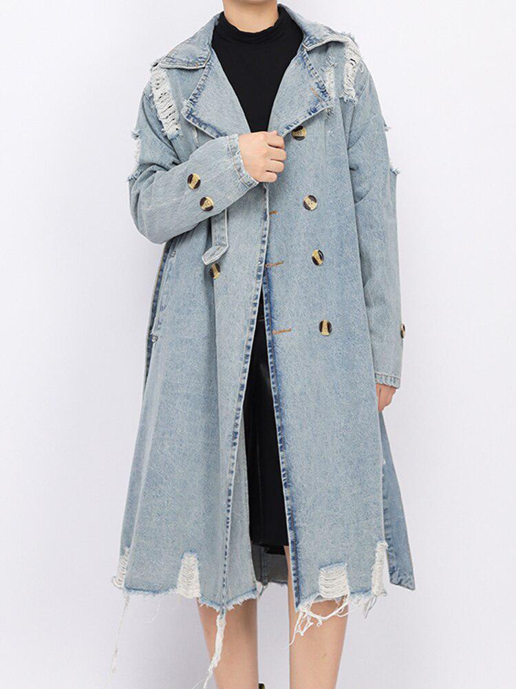 Distressed Denim Trench Coat - Fashionpara