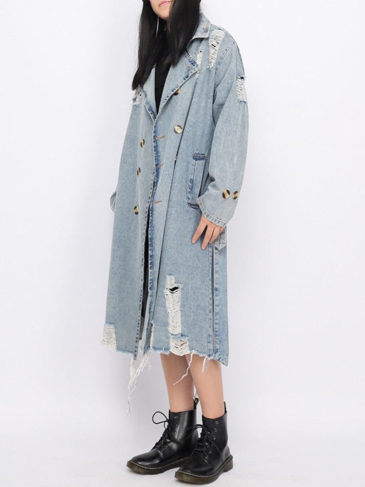 Distressed Denim Trench Coat - Fashionpara