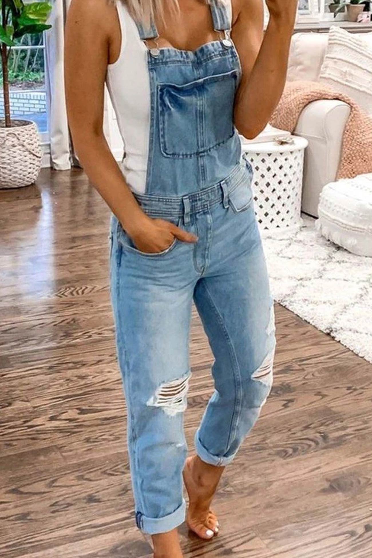 Distressed Front With Pocket Denim Overalls - Fashionpara
