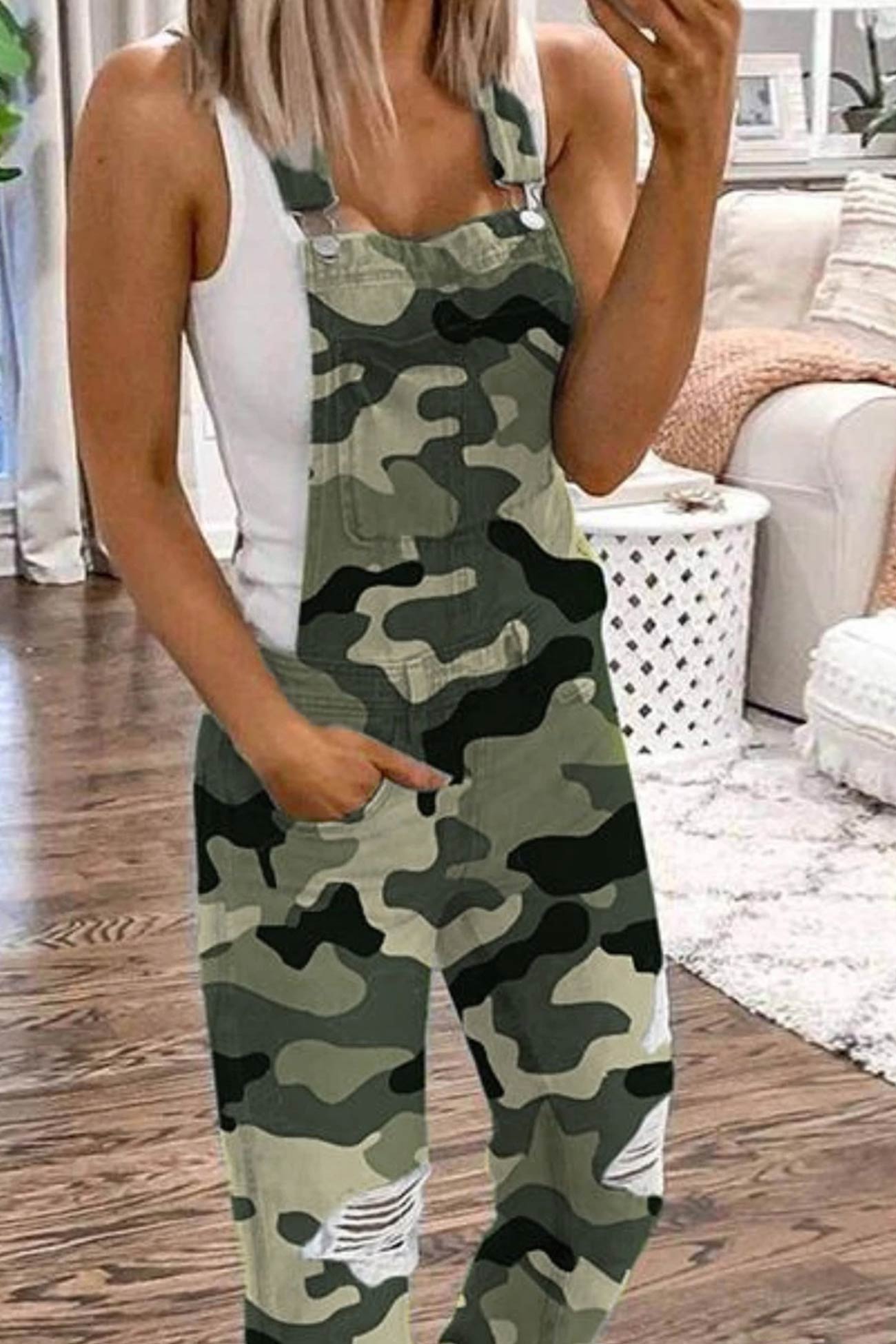 Distressed Front With Pocket Denim Overalls - Fashionpara