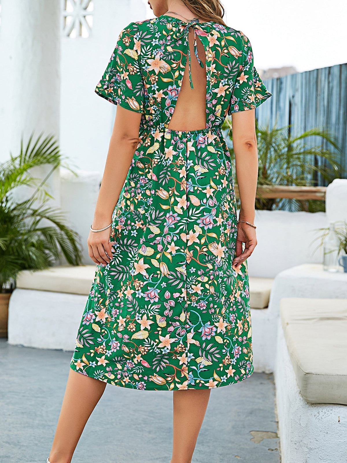 Floral Print Round Neck Short Sleeve Slit Midi Dress