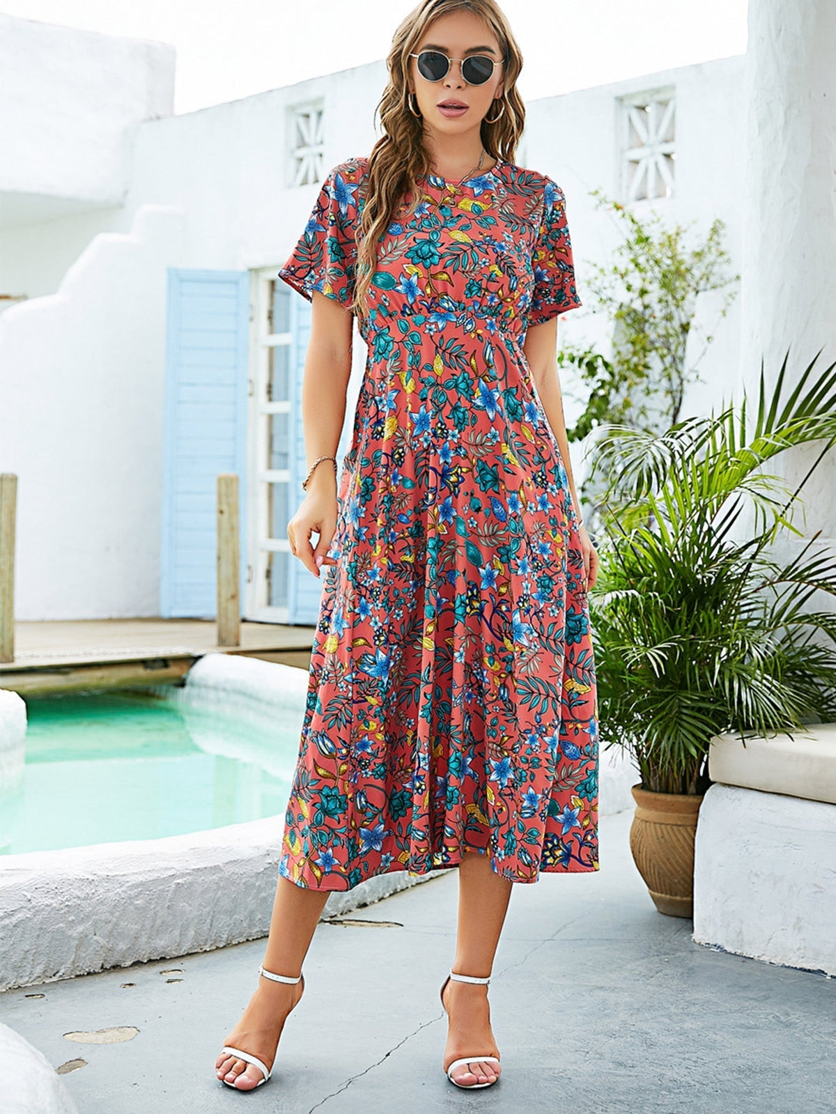 Floral Print Round Neck Short Sleeve Slit Midi Dress