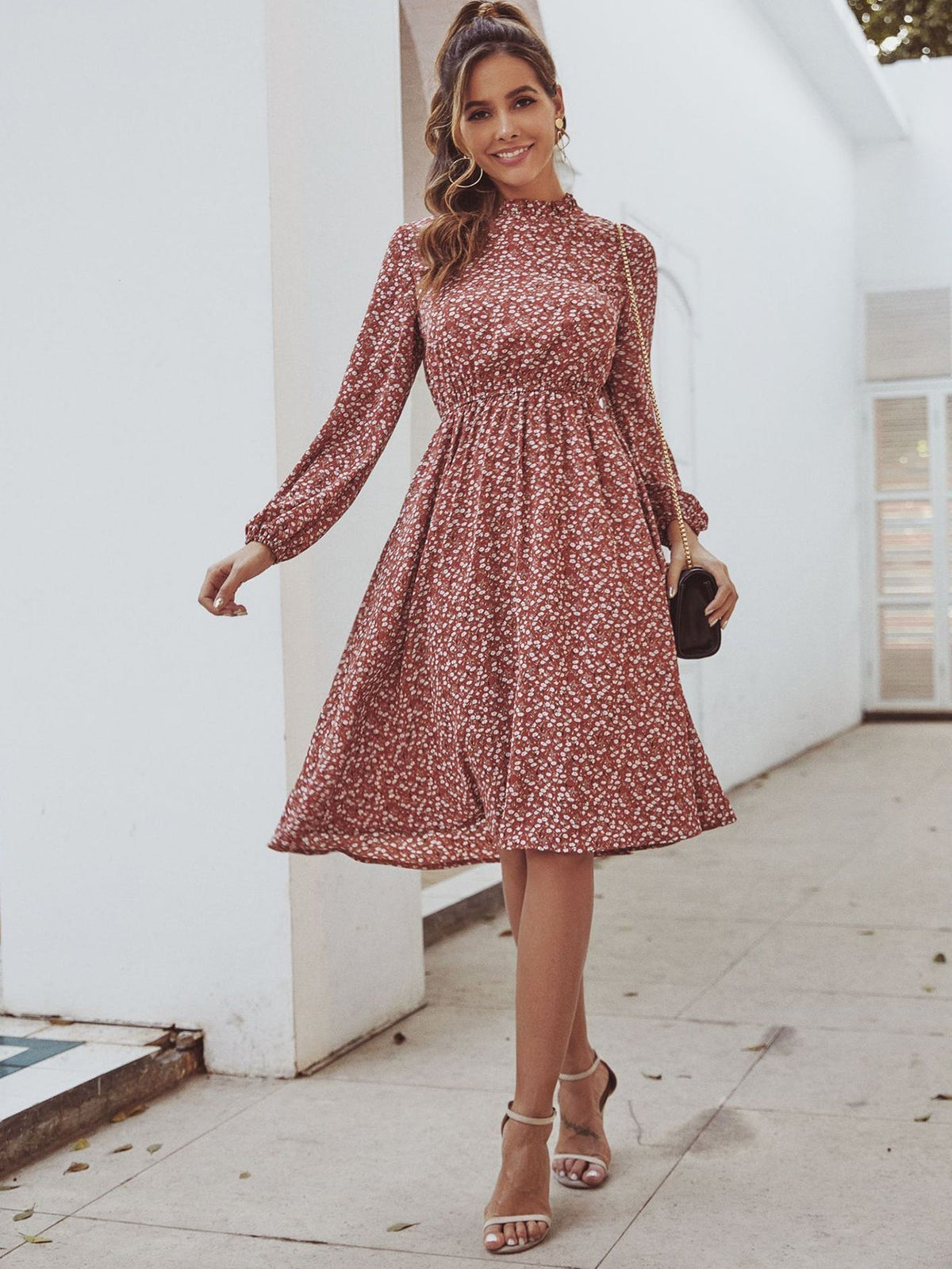 Floral Print High Neck Long Sleeve Midi Dress