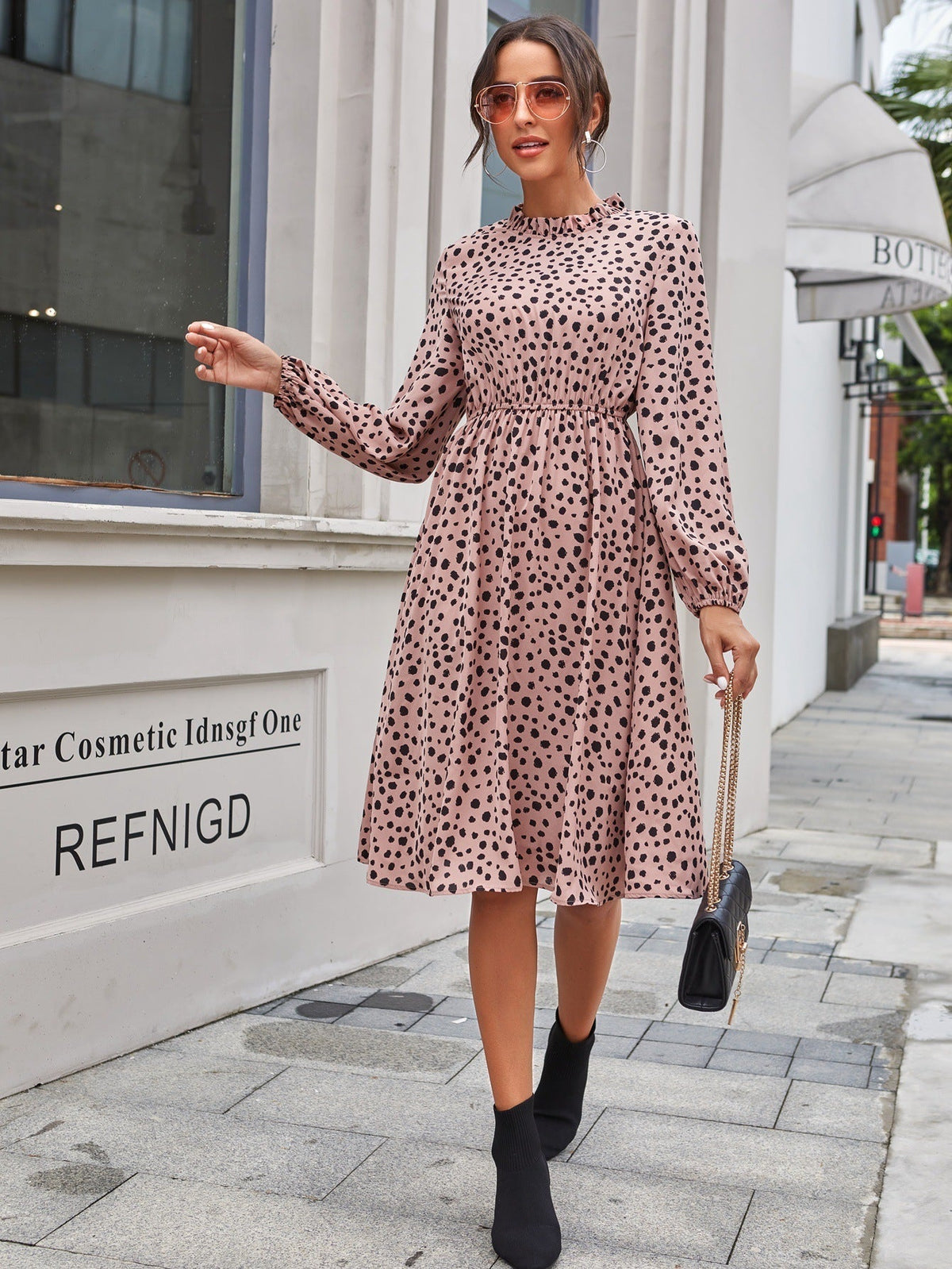 Floral Print High Neck Long Sleeve Midi Dress