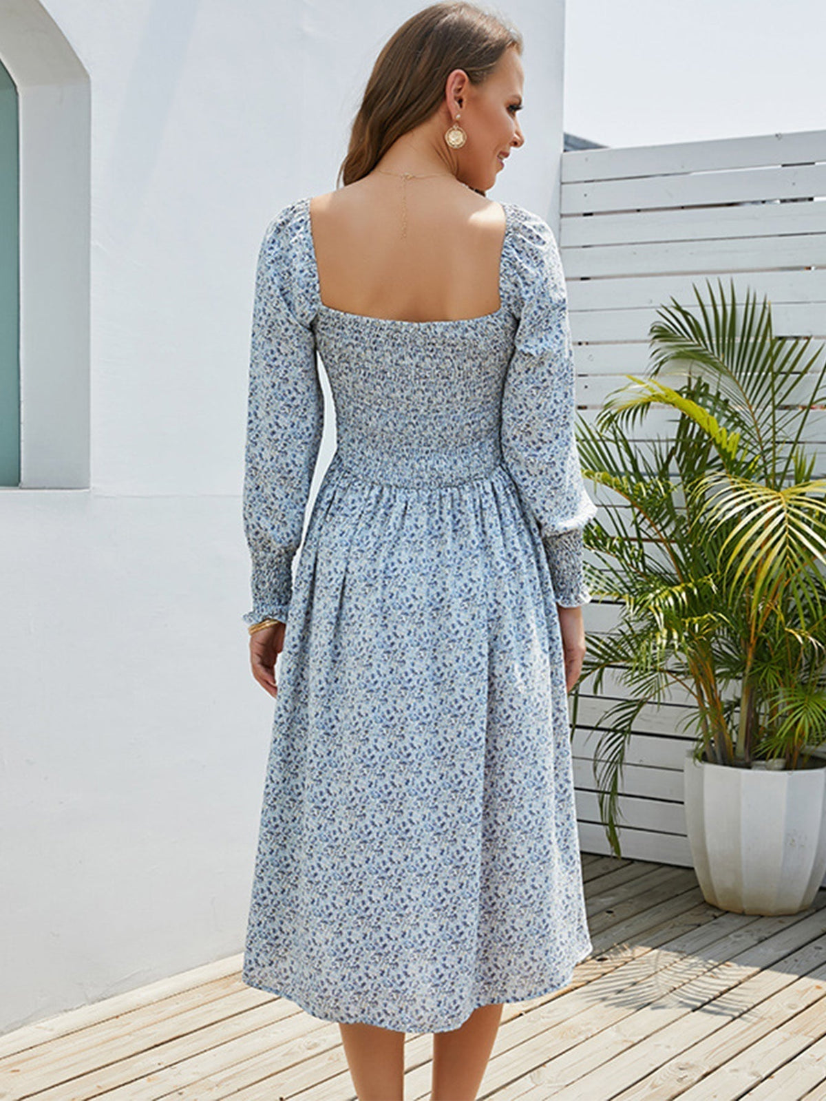 Floral Print Square Neck Long Sleeve Fit & Flare Midi Dress