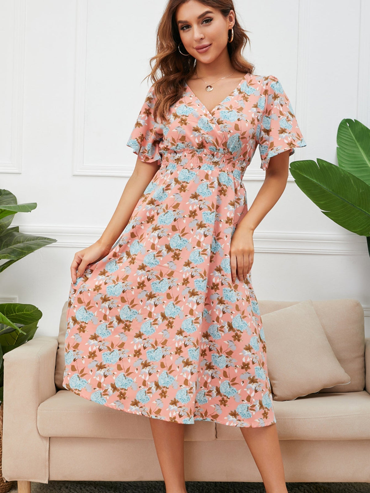Floral Print V-Neck Short Sleeve Fit & Flare Midi Dress