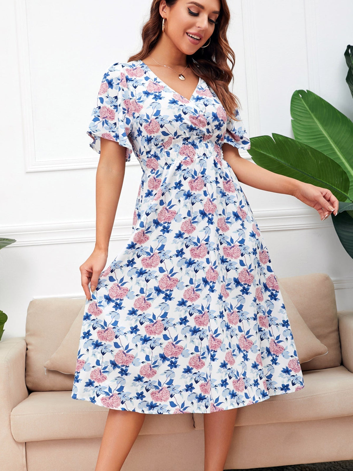 Floral Print V-Neck Short Sleeve Fit & Flare Midi Dress
