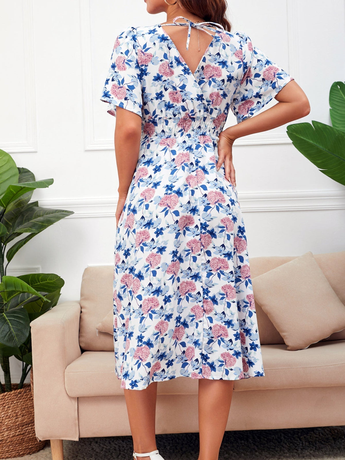 Floral Print V-Neck Short Sleeve Fit & Flare Midi Dress