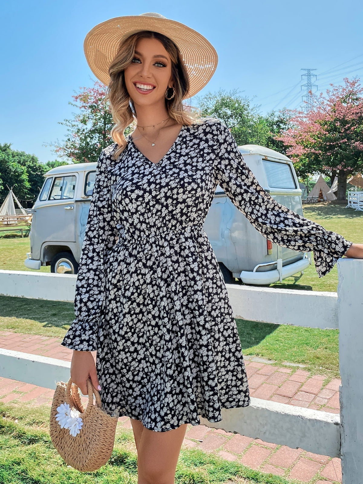 Floral Print V-Neck Long Sleeve Fit & Flare Mini Dress
