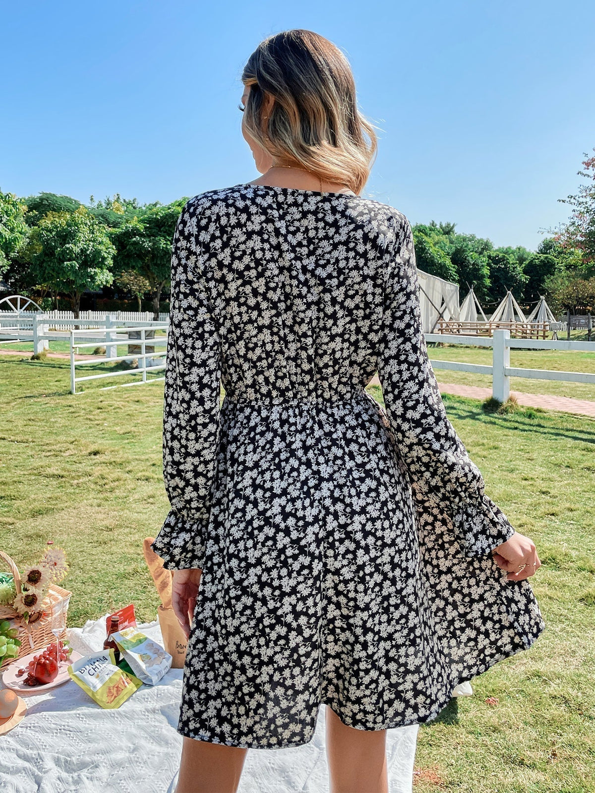 Floral Print V-Neck Long Sleeve Fit & Flare Mini Dress