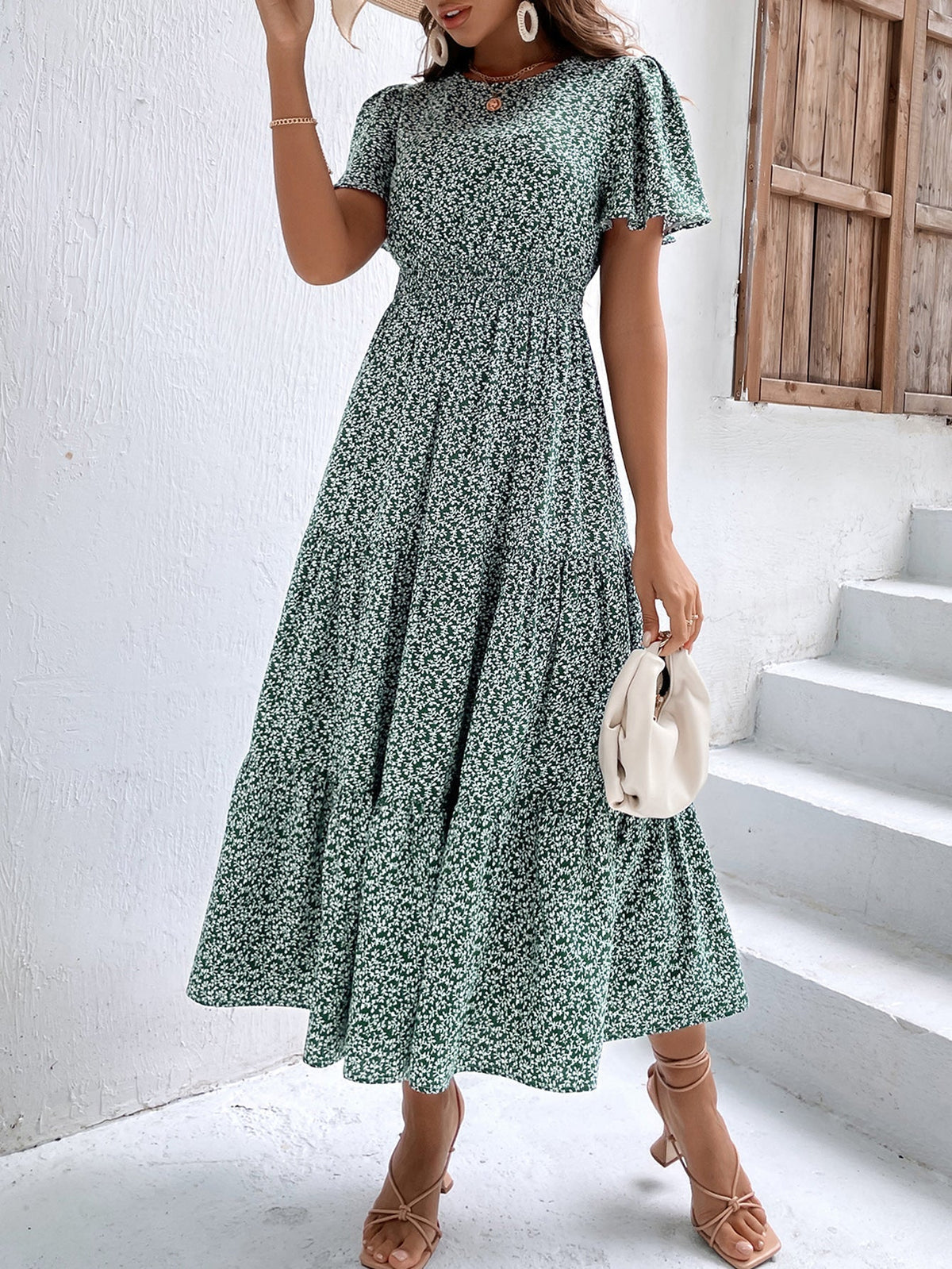 Floral Round Neck Flutter Sleeve Tiered Maxi Dress