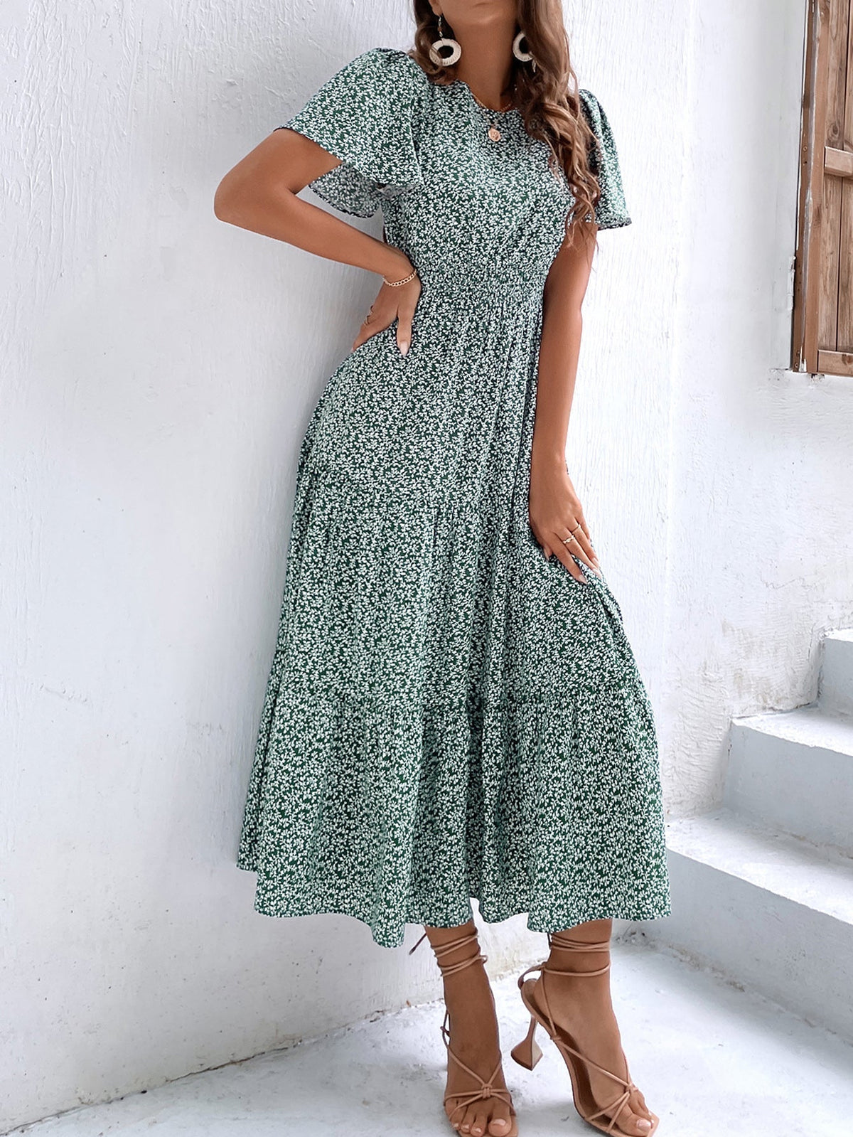 Floral Round Neck Flutter Sleeve Tiered Maxi Dress