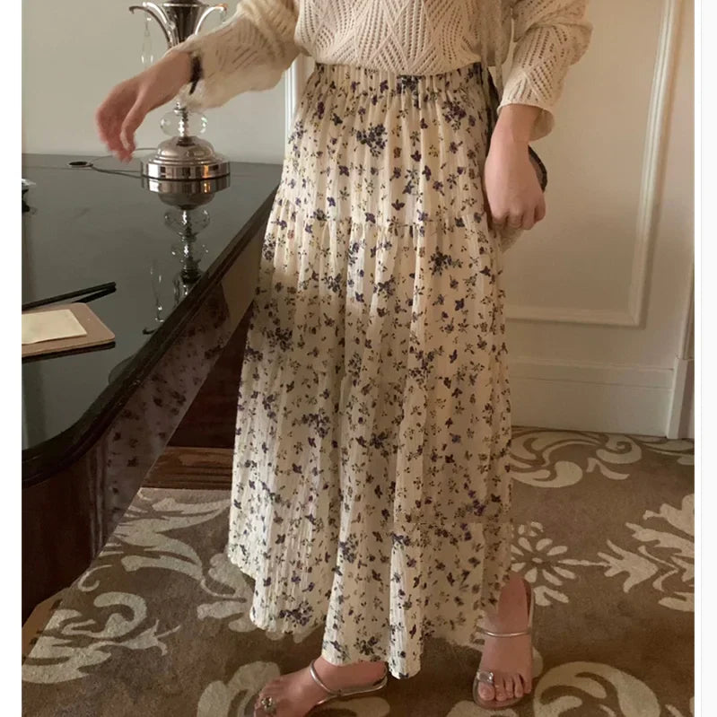 Floral Ditsy Print Elastic Waist Tiered Long Flared Skirt