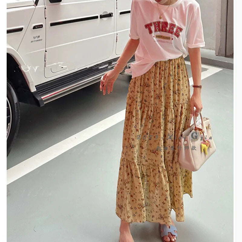 Floral Ditsy Print Elastic Waist Tiered Long Flared Skirt