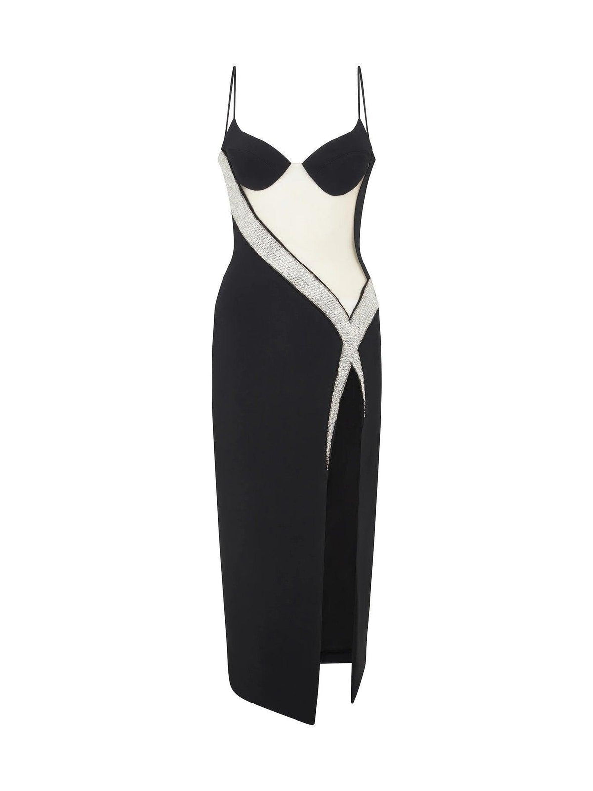 Crystal Embellished Sheer Mesh High Slit Bandage Midi Dress 6
