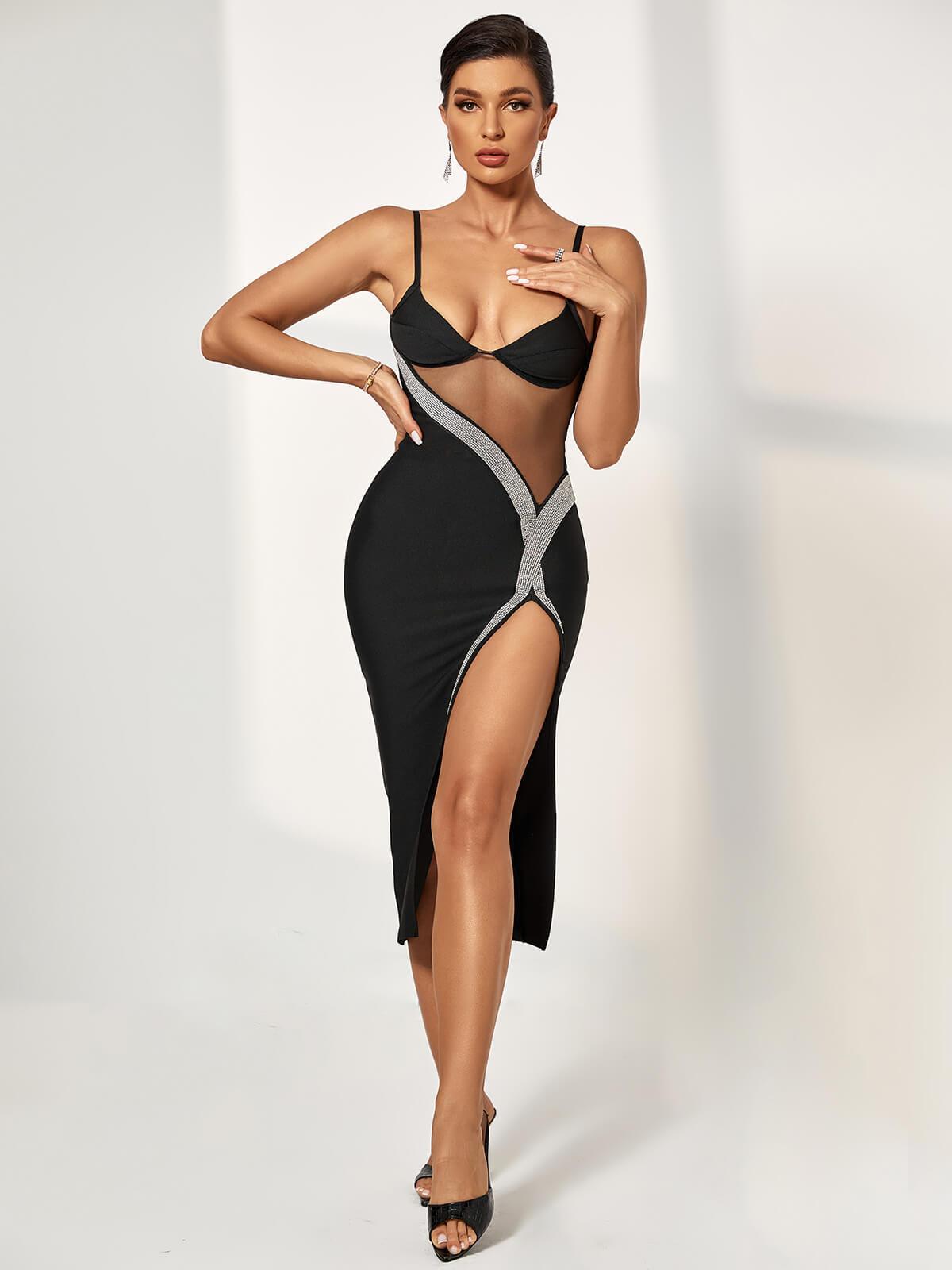 Crystal Embellished Sheer Mesh High Slit Bandage Midi Dress 2