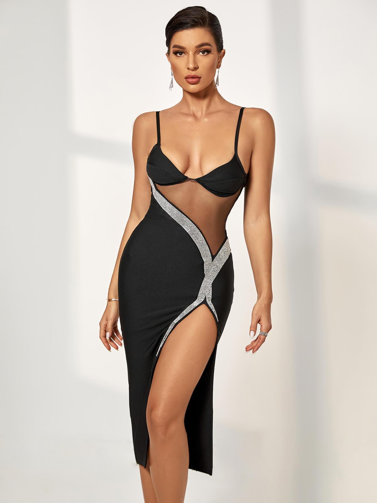 Crystal Embellished Sheer Mesh High Slit Bandage Midi Dress 3