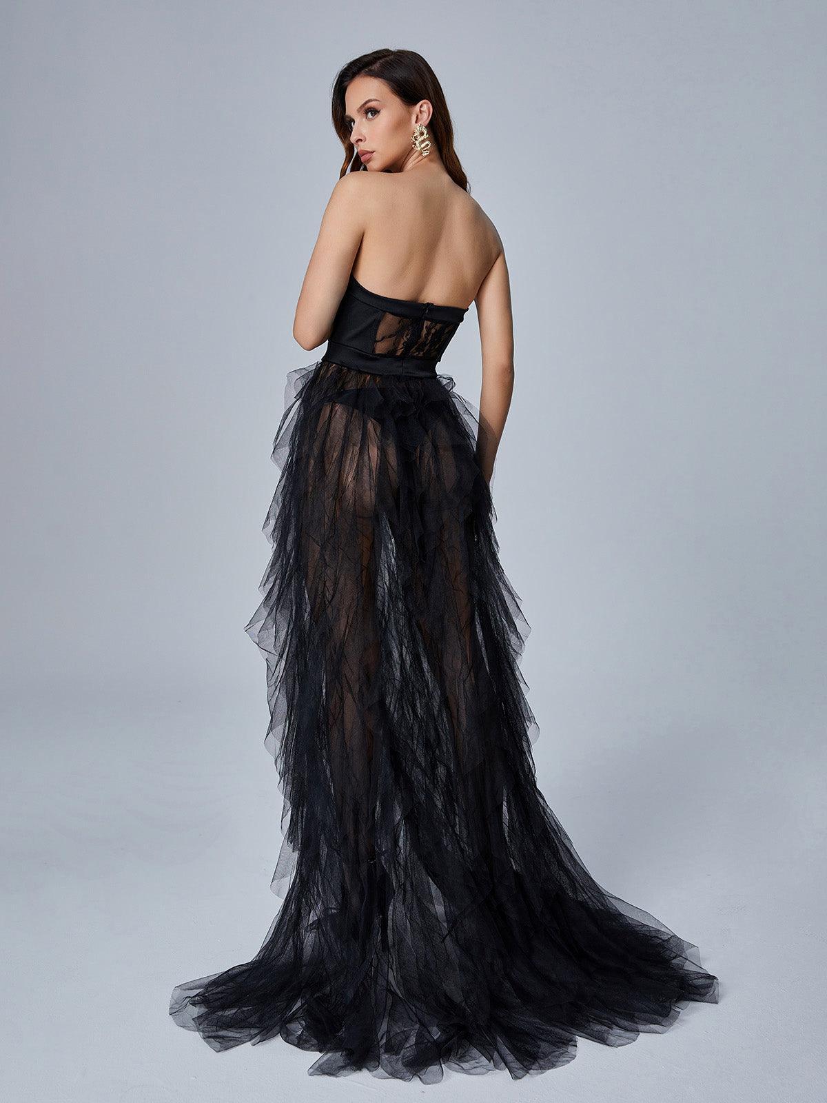 Tulle Strapless Corset Tiered High Split Maxi Gown - View 5