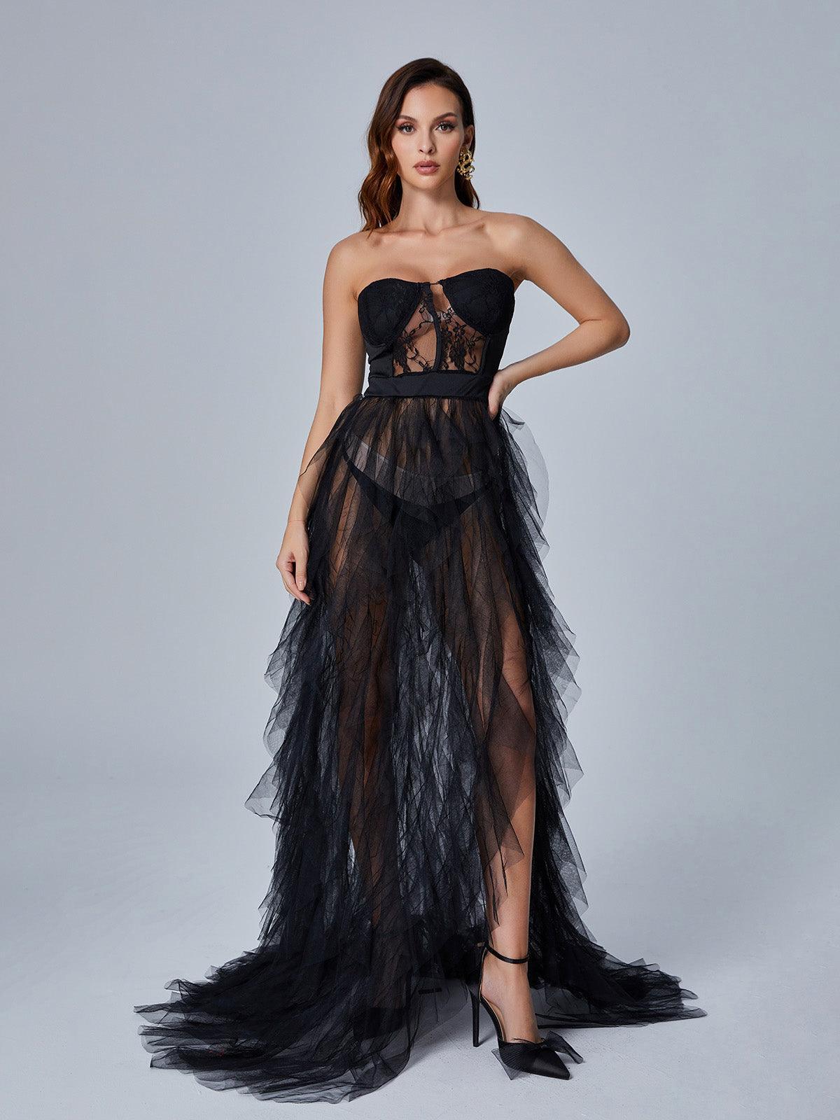Tulle Strapless Corset Tiered High Split Maxi Gown - View 2