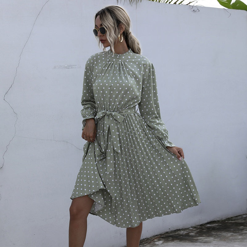 KittenAlarm - Dot Printed High Waist Spring Autumn Dress Women Long Sleeve A-line Pleated Dress Plus Size