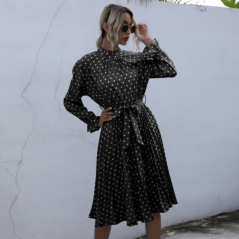 KittenAlarm - Dot Printed High Waist Spring Autumn Dress Women Long Sleeve A-line Pleated Dress Plus Size