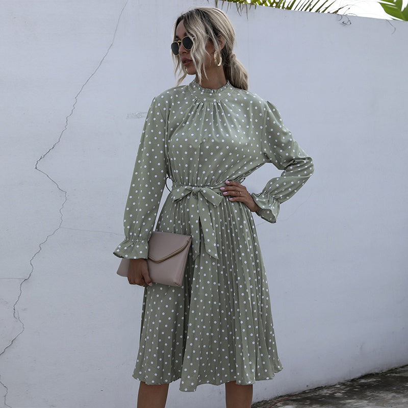 KittenAlarm - Dot Printed High Waist Spring Autumn Dress Women Long Sleeve A-line Pleated Dress Plus Size