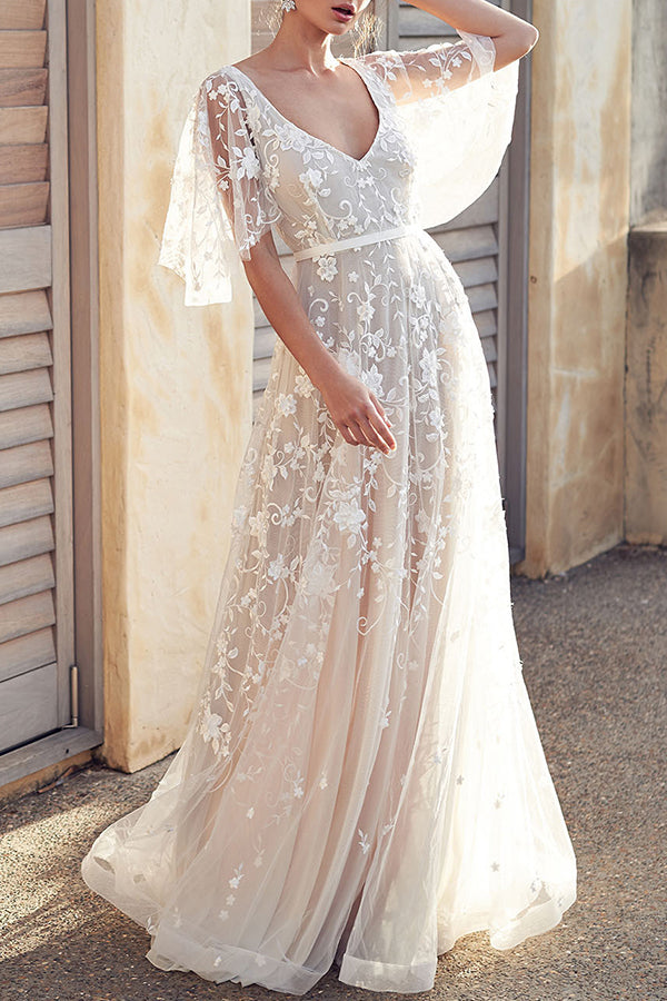 Double V-Neck Embroidered Long Dress - Mislish