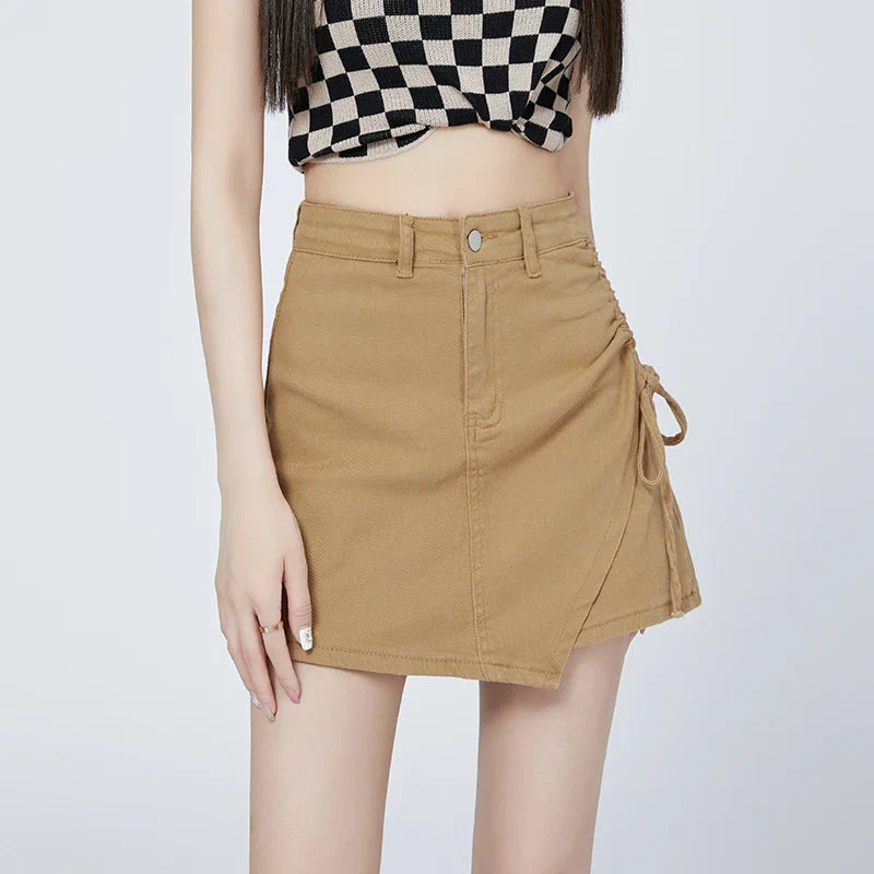 Drawstring Khaki Casual Skirt
