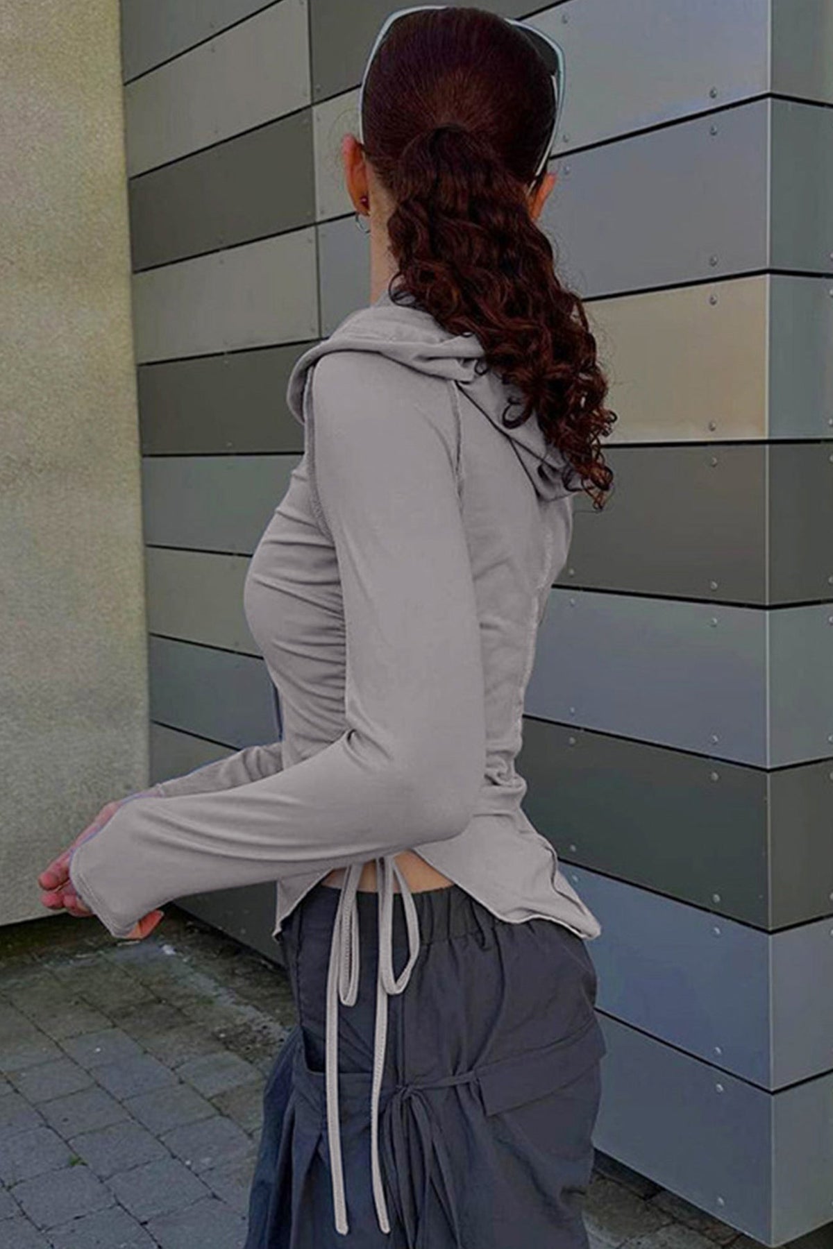 Drawstring Irregular Hem Hoodie