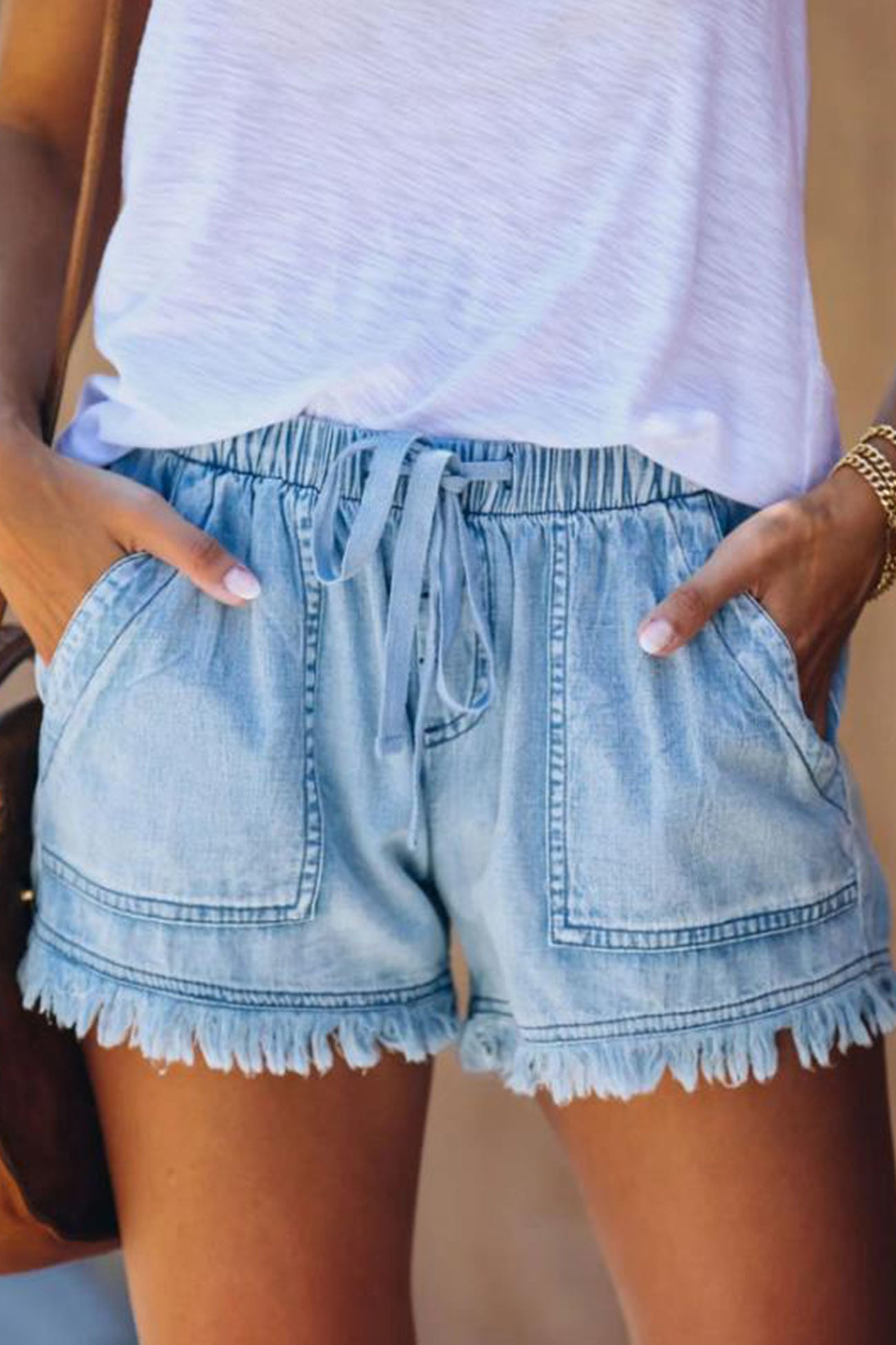 Drawstring Waist Raw Edge Denim Shorts