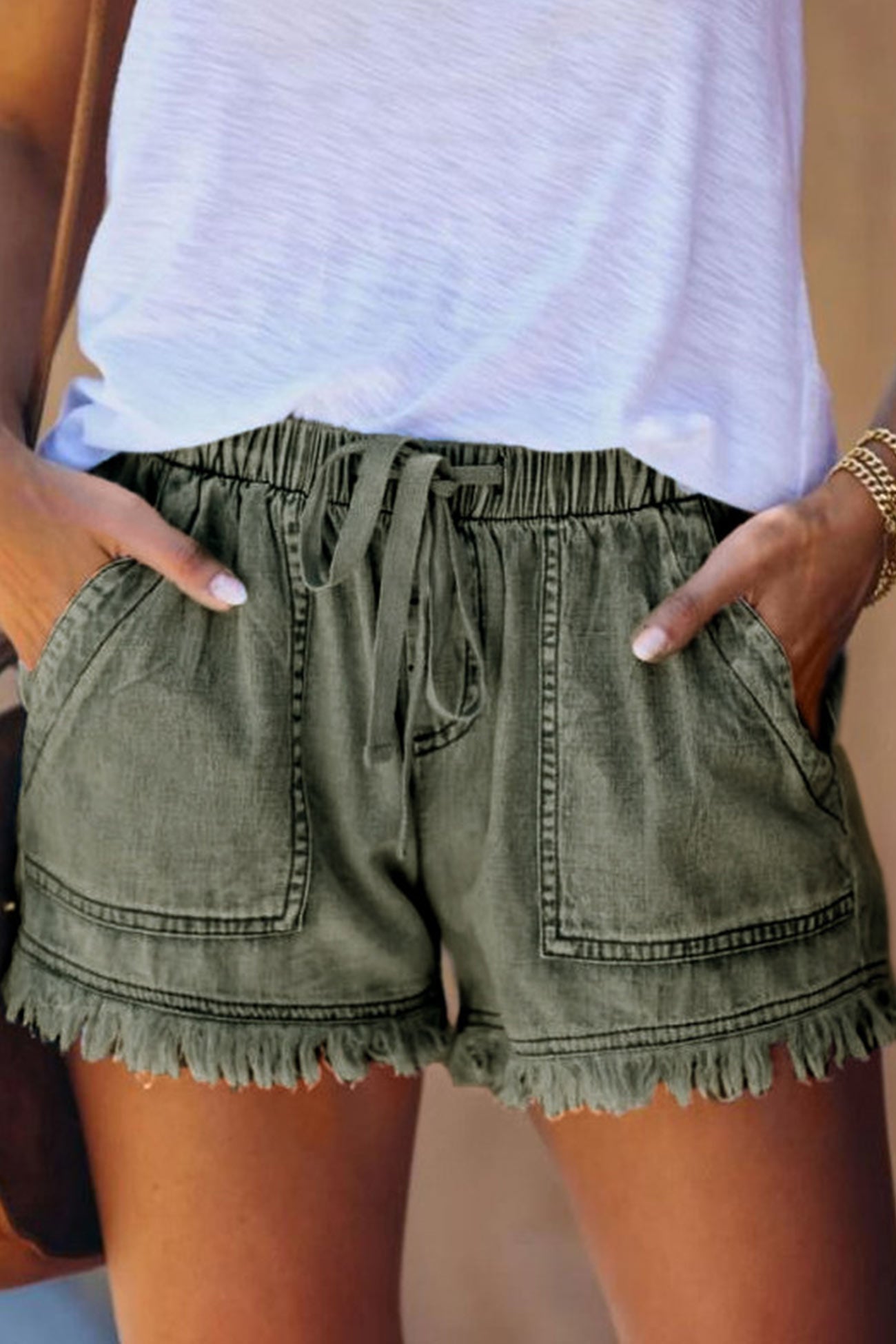 Drawstring Waist Raw Edge Denim Shorts