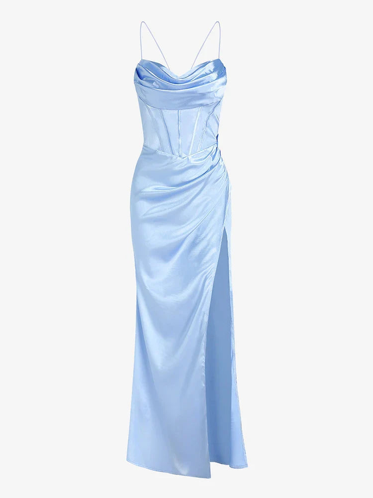 Red Satin Cowl Front Lace Up Corset Christmas Party Dress - Fashionpara