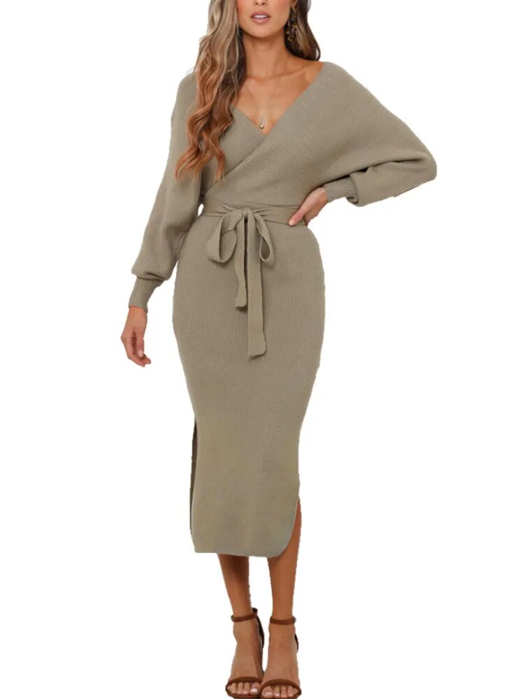V-neck Belted Backless Sweater Dress 5