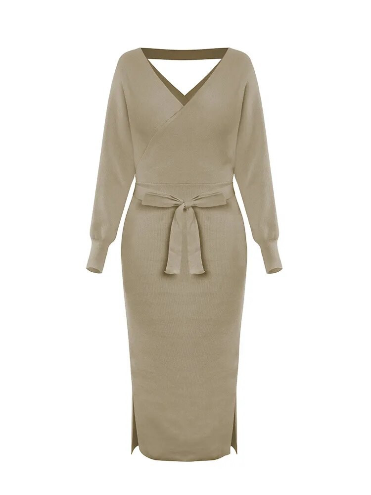 V-neck Belted Backless Sweater Dress 9