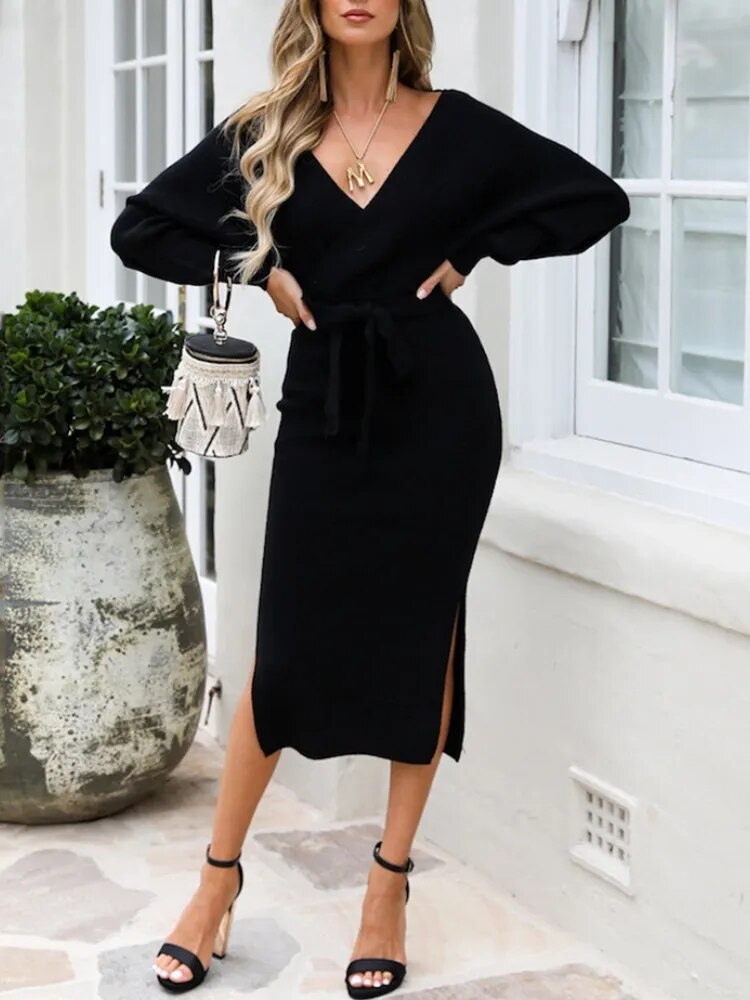 V-neck Belted Backless Sweater Dress 3