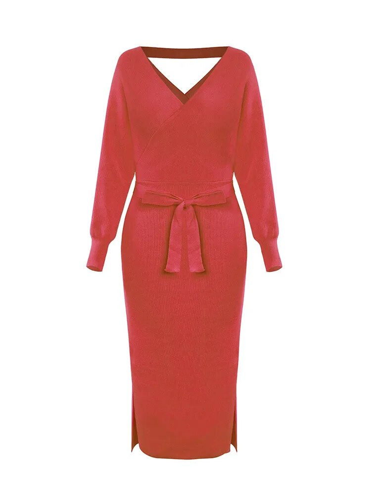 V-neck Belted Backless Sweater Dress 6