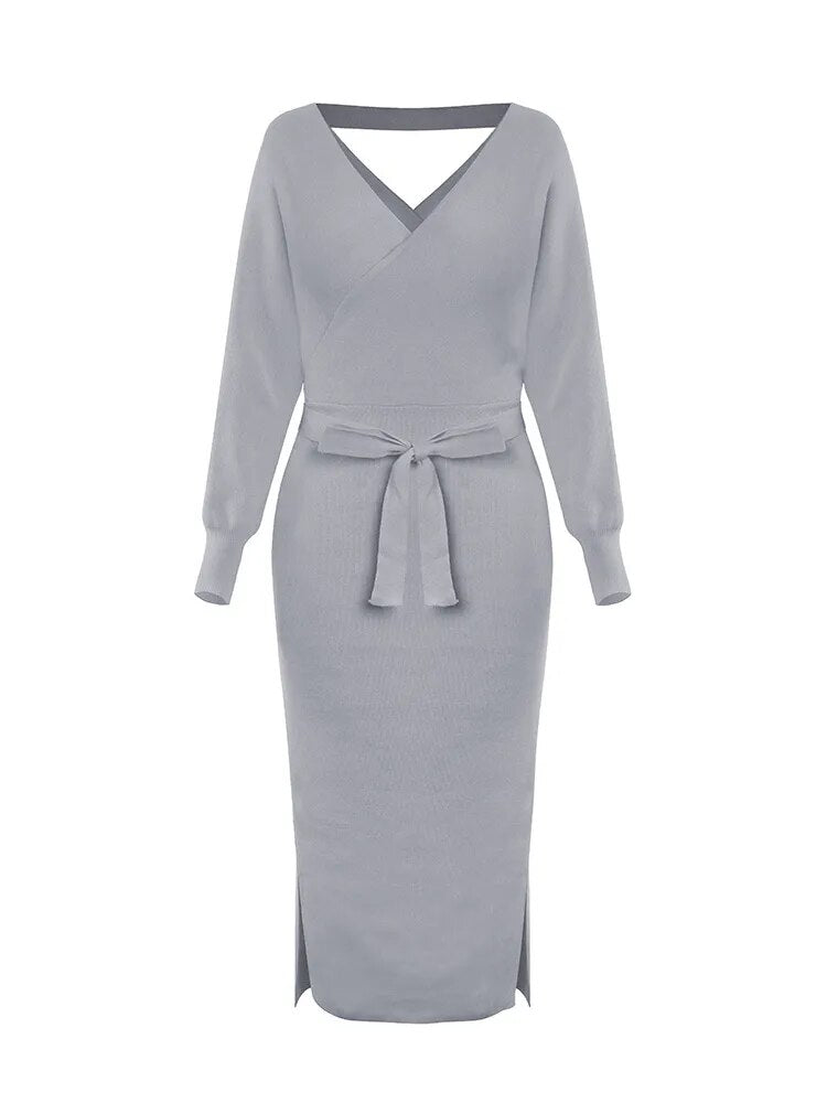V-neck Belted Backless Sweater Dress 8